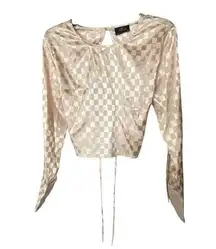 Milk & Honey Size L Open Back Lace Up Long Sleeve Top Beige Cream Checkerboard
