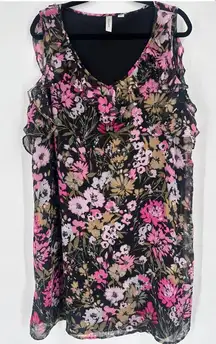 Tacera XL Black Pink Floral Ruffle Shift Dress Sleeveless Wedding Guest Feminine