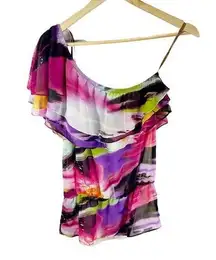 Arden B Womens Blouse Multicolor Pink Abstract One Shoulder Ruffles Pullover S