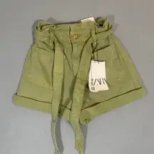Zara Paperbag Shorts Size 2 Sage Green Belted Ladies