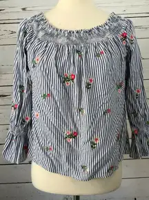 Miss Me Off the‎ Shoulder Denim Blouse Medium Embroidered Sexy Top Striped Shirt