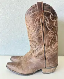 Women’s Cowboy Boots Brown Leather Western Cowgirl Mid Calf Snip Toe Size 7