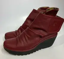 Fly London Yomi wedge ankle boots red leather size 39 8.5 punk casual modern