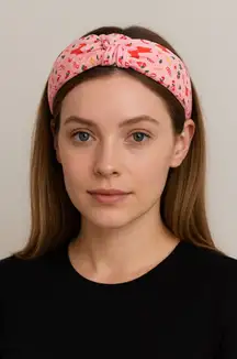 Pink Christmas Knot Headband – Festive Holiday Reindeer & Candy Cane Print