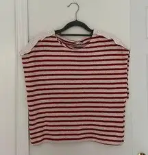 Red and White Striped Top with Button Details on Shoulder