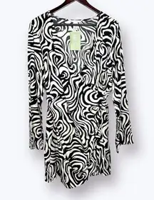 H&M Women's Mini Faux Wrap Dress Medium Front Slit L/S Swirl Pattern Hippie