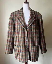 Vintage 90s Blazer Jacket 100% Wool Autumn Academia Tweed Plaid Women's‎ 14