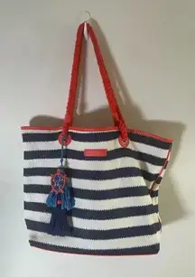 Vera Bradley Navy and White Striped‎ Beach Tote with Tassels GUC