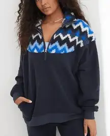 Aerie Hometown Holiday 1/4 Zip Fleece Pullover Jacket Sweatshirt Blue Medium
