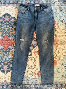 CAbi Distressed Skinny Adventure Wash Blue Straight Leg Jeans 8