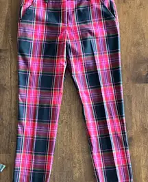 Trina Turk Plaid pants in pink, red, and black plaid