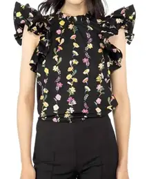 Banjanan Shirt Women XS Black Floral Onyx Ruffle Neck Cap Sleeve Klara Top NWT