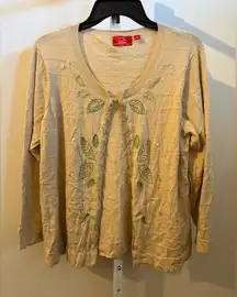 Oscar de la Renta Cream Cardigan with Green Leaf Accents