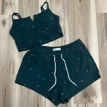 Gilly Hicks Green Floral Waffle Knit Pajama Shorts Set Women’s Medium