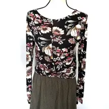 Urban Girl Womens Twist Front Top Size Small Floral Rose Black Long Sleeve Crop