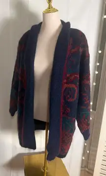Vintage St. Michael Mohair Blend Tapestry Cardigan Coat Navy Red UK 10