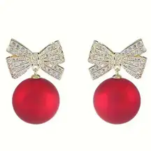 Earrings Red Ornament With Bow Gold Tone With Rhinestones Christmas Holiday