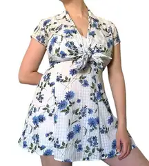 Coquette white checkered print blue floral two piece tie summer dress set