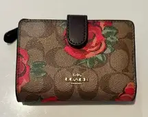 Coach  Bifold Wallet Medium Corner Zip Signature Jumbo Floral Rose Khaki Oxblood