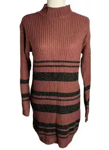 Love Change Mock Neck Sweater Dress M Maroon Knit Long Sleeve Metallic Stripe