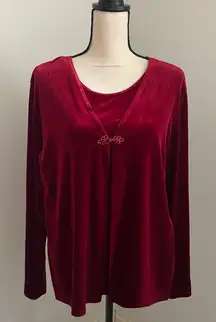 Red Velvet Vintage 80s Luxe Sweater Blouse Large Decorative Clasp Holiday Mature