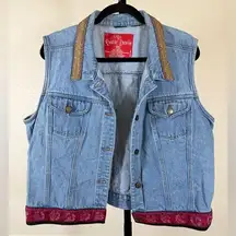 Rustic Denim 2XL Embroidered Trim Vintage Blue Jean Vest Boho Western Chic
