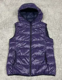 Uniqlo Ultra Light Down Puffer Vest Womens Medium Black Purple Check Hooded