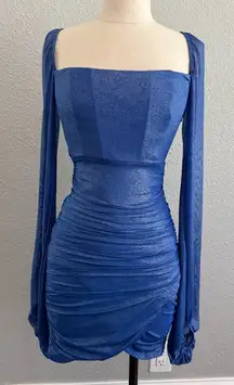 Lucy in the Sky‎ Glitter Mesh Long Sleeve Dress in Blue Size Small EUC