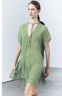 Zara Oversized Top Womens L Green Silk Wavy Stripe Coastal Beachy Mediterranean