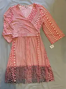 NWT NM Neiman Marcus 4 Faux Wrap Dress Stretch Jersey Knit Peach Black Polka Dot