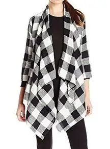 3/4 Sleeve Drape-Front Cardigan Plaid Checkered Flannel Tartan Wrap