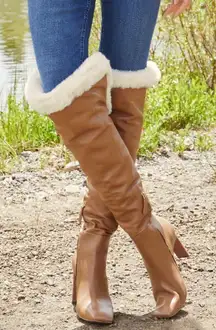 BCBGMAXAZRIA‎ Tan Leather Over The Knee Boot Faux Fur High Block Heel Size 7