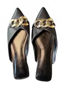 New Open Edit Black Pointed Toe Women's Mules with Chain Accent