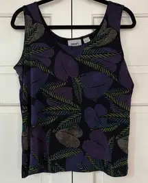 Chico's Travelers Size 3 Black and Purple Leaf Print Tank Top Chicos XL Tropical