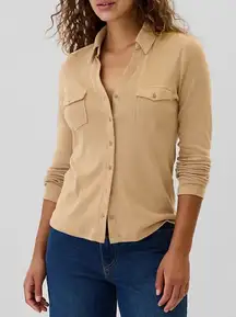 Gap Super Soft Modal Blend Modern Button Front Utility Shirt Long‎ Sleeve Tan