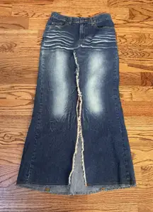 XOXO Women's Distressed Denim Maxi Skirt Front Slit Frayed Hem Size 3/4 Y2K