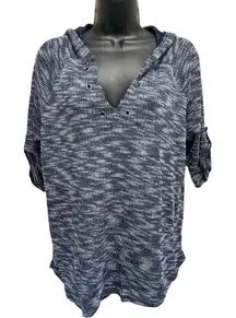 Signify Blue/White‎ Marbled Print V Neck Hood Sweatshirt Size L 3/4 Tab Sleeve