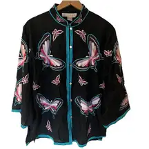 Vtg Internat’l Button Up Jacket Blouse Multicolor Embroidery Butterfly Y2K Artsy