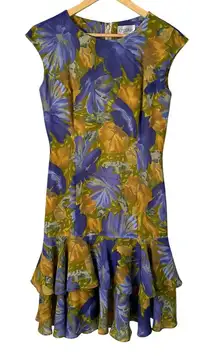Vintage 80s Purple Orange Floral Cocktail Dress‎ Ruffle Hem Cap Sleeves, Small
