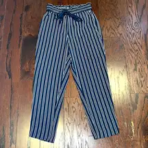 ZARA Women’s Navy Blue & White Striped Paper Bag Tie Waist Stretchy Pants