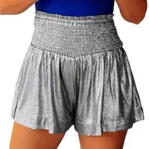 NWT TCEC Shorts Womens M Silver Chrome Metallic High Rise Smocked Futuristic Y2K