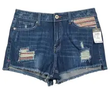 Rue21 Shorts Womens 11/12 Blue Distressed Denim High Waisted Embroidered Pockets