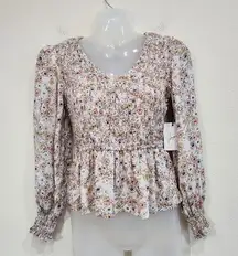 Floral Spring Sunflower Print Pastel Pink Ruched Smocked Blouse Top Size S