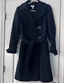 LOFT Ann Taylor Women’s Coat Wool Blend Black Textured Tie Size 4 Mid Length