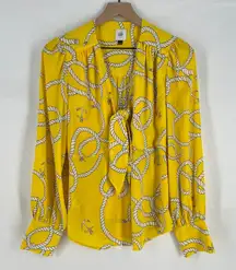 Cabi Reef Knot Blouse Womens Small Yellow Nautical Rope Anchor V Neck Pleated