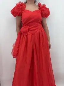 Vintage Red Ruffle Formal Dress Long Bow Gown Size Medium