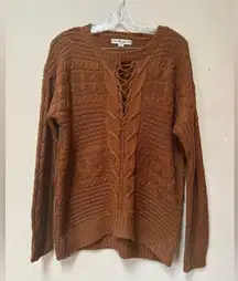 Love Change Italy Mocha Brown Knit Sweater | Lace-Up Front Cable Knit Large