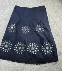 Ann Taylor LOFT Petites 2P Navy Embroidered Boho Peasant Skirt Mirror Beaded