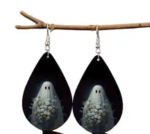 Cute‎ Ghosts With Flowers Teardrop Shape Earrings, Gothic Style Dangle Earrings