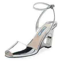 Prada Metallic Leather Heart-Cutout Ankle Strap Wedge Sandals Argento Women 38/8